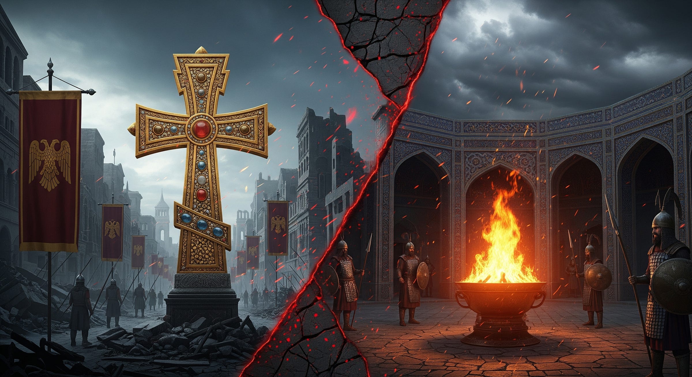 A dramatic 16:9 split-screen image. The left side shows a war-torn Byzantine city, with a massive golden cross at the center, surrounded by banners with the imperial eagle and silhouettes of marching soldiers. The right side depicts a Persian fire temple, with a large, blazing sacred fire in a brazier and shadowy Sasanian warriors standing guard. A jagged, cracked border runs down the middle, and red embers drift across the divide, symbolizing the intense conflict between the two empires and their faiths. A dramatic 16:9 split-screen image. The left side shows a war-torn Byzantine city, with a massive golden cross at the center, surrounded by banners with the imperial eagle and silhouettes of marching soldiers. The right side depicts a Persian fire temple, with a large, blazing sacred fire in a brazier and shadowy Sasanian warriors standing guard. A jagged, cracked border runs down the middle, and red embers drift across the divide, symbolizing the intense conflict between the two empires and their faiths.