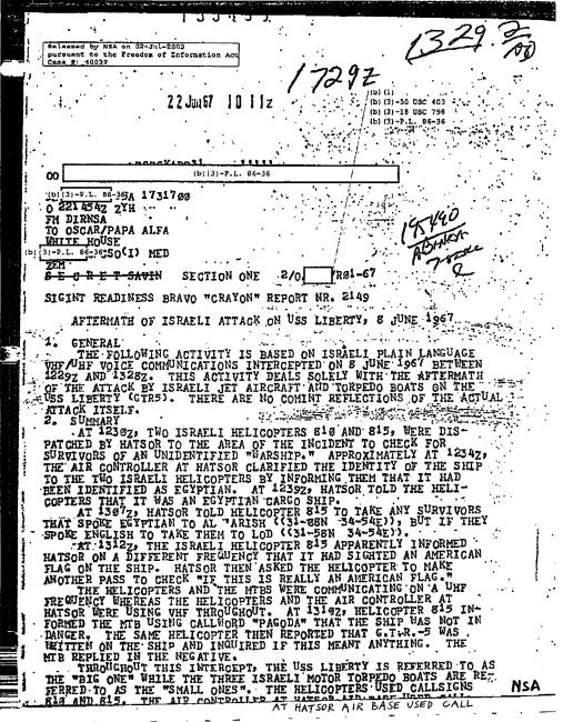 NSA intercept material records post-attack Israeli helicopter/control-tower communications. The release does not contain attacking-aircraft or torpedo-boat communications, but it records the American identity problem after the strike: the American flag, the G.T.R.-5 marking, and the question of who Israel had just attacked.