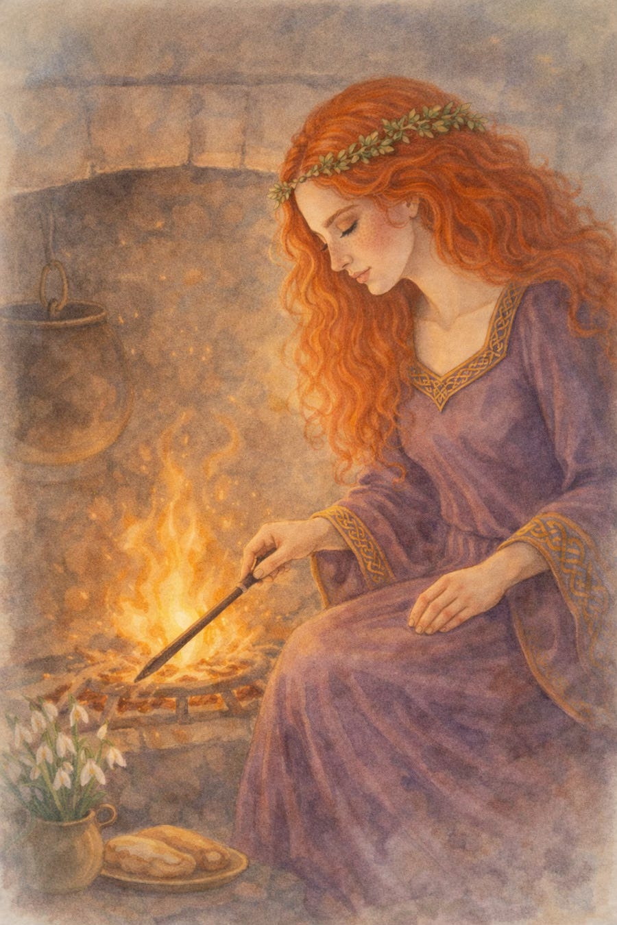 Brigid tending the hearth.