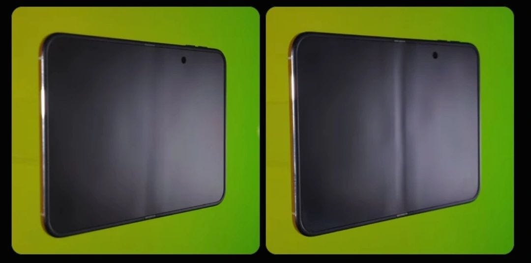 Side-by-side iPhone Duo screens on a green background, with a deeper vertical crease on the folded-tested phone Side-by-side iPhone Duo screens on a green background, with a deeper vertical crease on the folded-tested phone