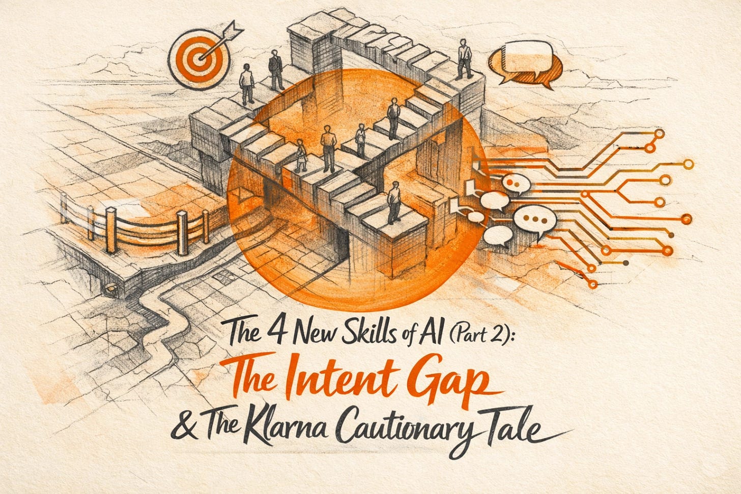 Hero image: MC Escher-inspired surreal technical illustration with impossible stairs, map grid, and constraint guardrails. Title integrated: “The 4 New Skills of AI (Part 2): The Intent Gap & The Klarna Cautionary Tale”.