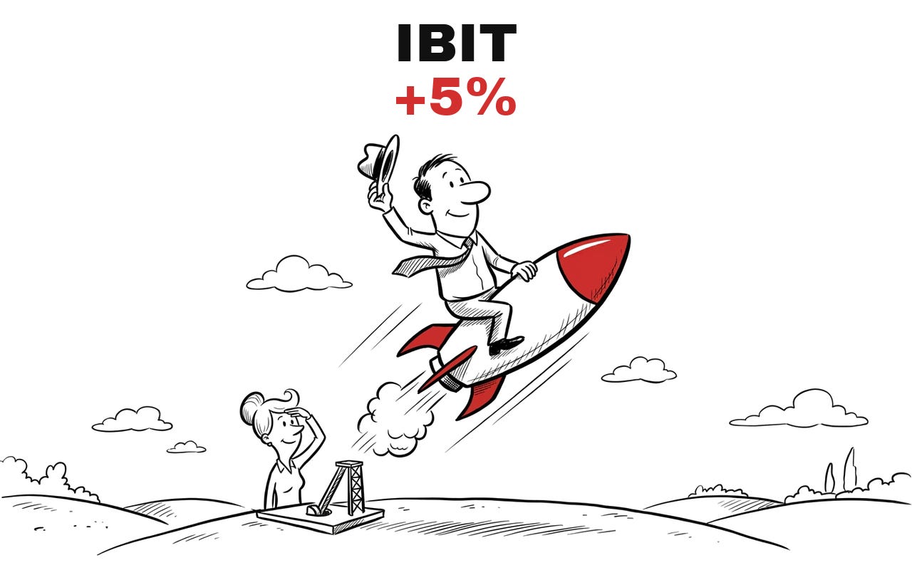 Trade Exit IBIT, +5%. Hand-drawn cartoon: the man rides a rocket upward and waves his hat, the woman watches from below.