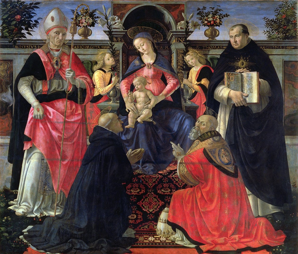 Madonna and Child enthroned with SS. Dionysius, Aeropagita, Domenic,  Clement and Thomas Aquinas