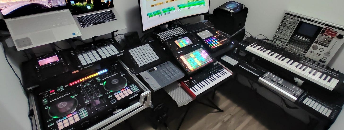 Hybrid audio setup with akai force as central focus. 
