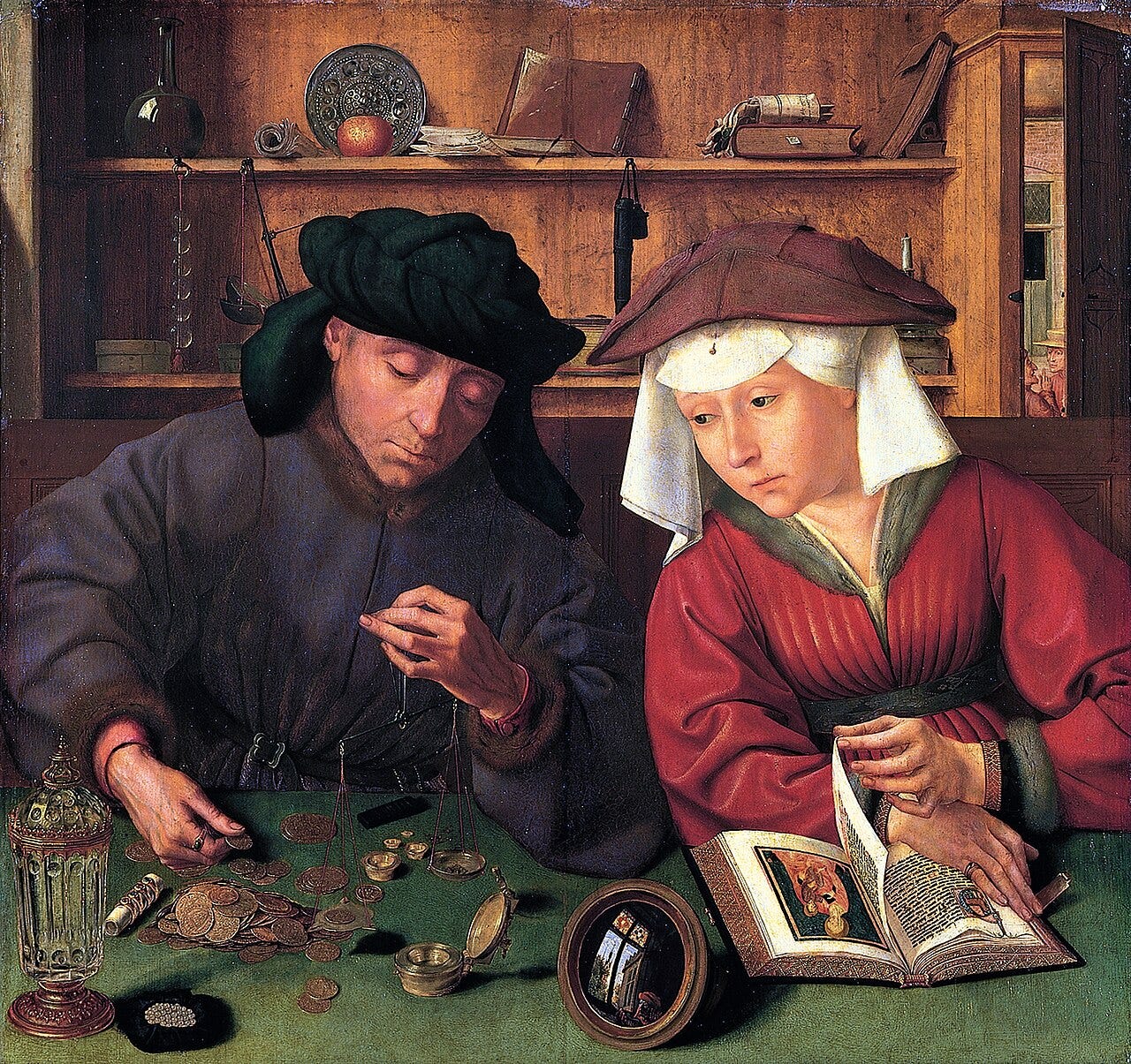 Banker weighing coins wife