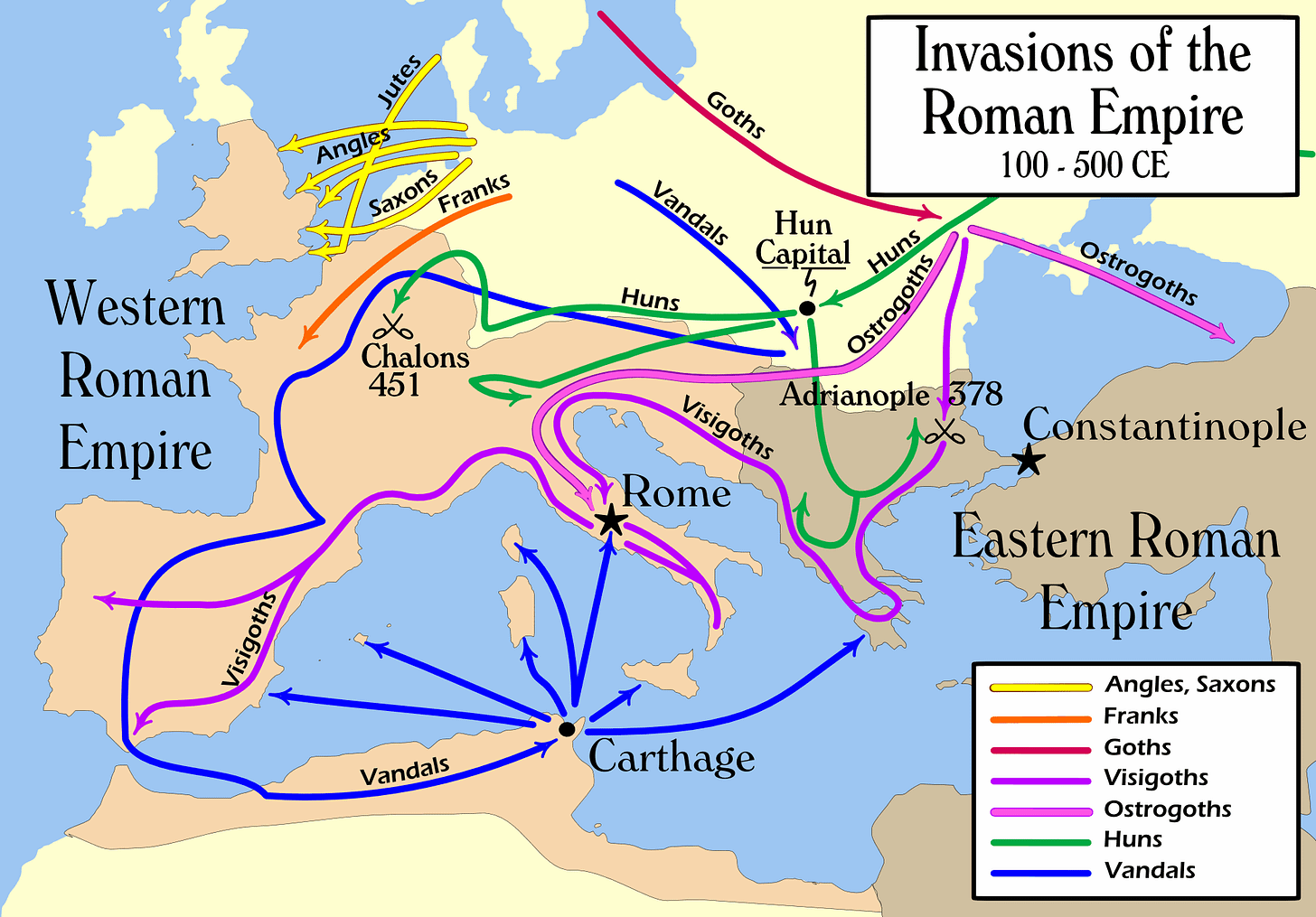 The routes taken by Germanic tribes and Huns into Rome in 5th century, taken from https://en.wikipedia.org/wiki/Migration_Period#/media/File:Invasions_of_the_Roman_Empire_1.png