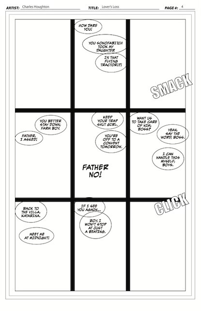 image of a preliminary pages with only panel borders and lettering. (c) CMH