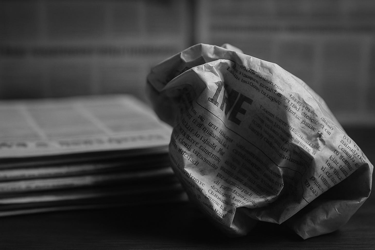 Close-up of a wrinkled newspaper with blurred stacks in the background, conveying erosion of public commitment to news and its civic role. Close-up of a wrinkled newspaper with blurred stacks in the background, conveying erosion of public commitment to news and its civic role.