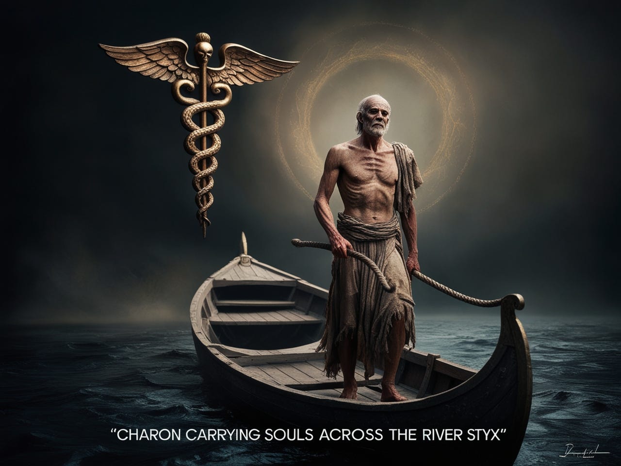 A dramatic and moody artistic portrait photography piece reimagining Litovchenko's iconic artwork "Charon carrying souls across the River Styx" set against a dark, ominous background with a majestic caduceus looming large, its serpents entwined around the staff, as the grim ferryman Charon, with a worn, tired expression, gaunt skin, and sunken eyes, clad in tattered, earthy robes, stands at the helm of a weathered, wooden boat, surrounded by a halo of faint, eerie mist, while the River Styx flows ominously in the background, its dark waters reflecting the somber atmosphere, with hints of subtle, muted gold and bronze tones throughout the image, evoking a sense of ancient, mystical mythology.