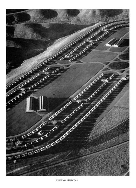 Two black-and-white aerial photographs of the oval-shaped Olympic Village community, one aerial view of the City of Los Angeles in 1933, a first-person perspective from the road inside the Olympic Village development, looking down a row of identical cottages, and a list of all of the countries that participated in LA32 from the official report