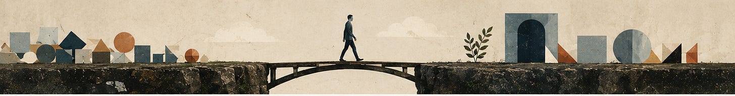 A person crossing a wooden bridge over a gap, with abstract geometric shapes and various items scattered on both sides.