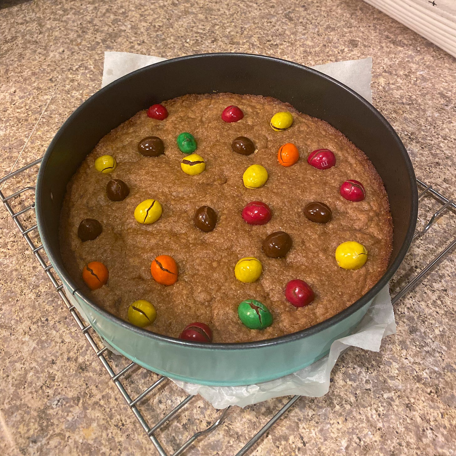 A light blue springform pan full of peanut butter blondies, with peanut M&Ms scattered over the top. Some of the coating on the candies has cracked.