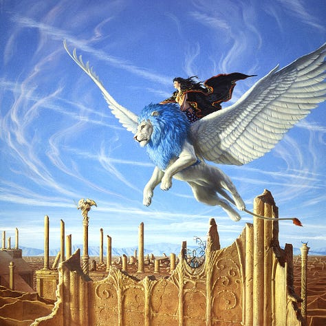 LEFT: Detail of DELIRIUM'S MISTRESS featuring a raven haired young woman riding on the back of a winged white lion with powder blue mane. Her patterned cloak, black trimmed with red, billows as it catches the wind. The background sky is traced with upward drifting wisps of clouds. CENTER: Lion creature sketches. Graphite pencil on paper - 11" x 8 ½". One figure shows it perched on hind legs ready to leap upward. The other shows it with wings wide and four paws approaching a delicate landing. RIGHT: Close detail of DELIRIUM'S MISTRESS featuring the young woman leaning forward to grip the powder blue mane of the lion. It's white feathery wings are spread wide as is scans the ground below. The rider's eyes are focused in the distance as her black cloak trimmed with red billows. The cloak is speckled with golden orbs. A rounded jewel sits upon her chest where the fabric of her top crosses to cup her breasts. Her arms and midriff are bare, and her skirts ride low on her hip with an opening at the side. The fabric is patterned with pale red dots mixed with larger starbursts.