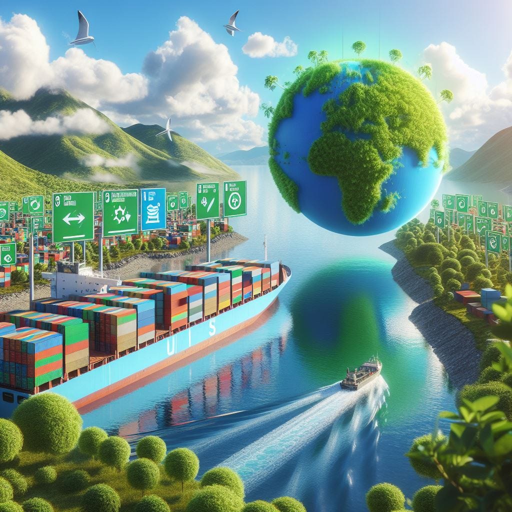 A container ship and the UN SDG goals in a very green environment theme