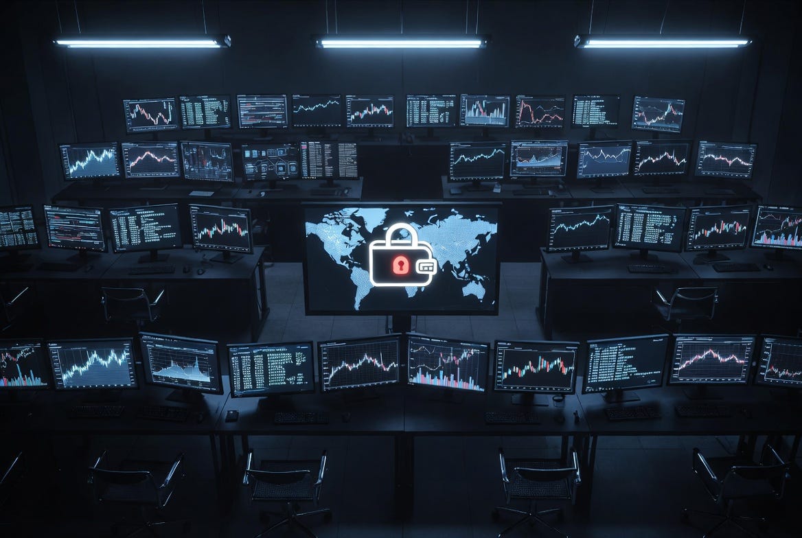 An empty dark operations center viewed from above, multiple monitors showing blockchain transaction maps with a red lock icon indicating a frozen wallet. An empty dark operations center viewed from above, multiple monitors showing blockchain transaction maps with a red lock icon indicating a frozen wallet.
