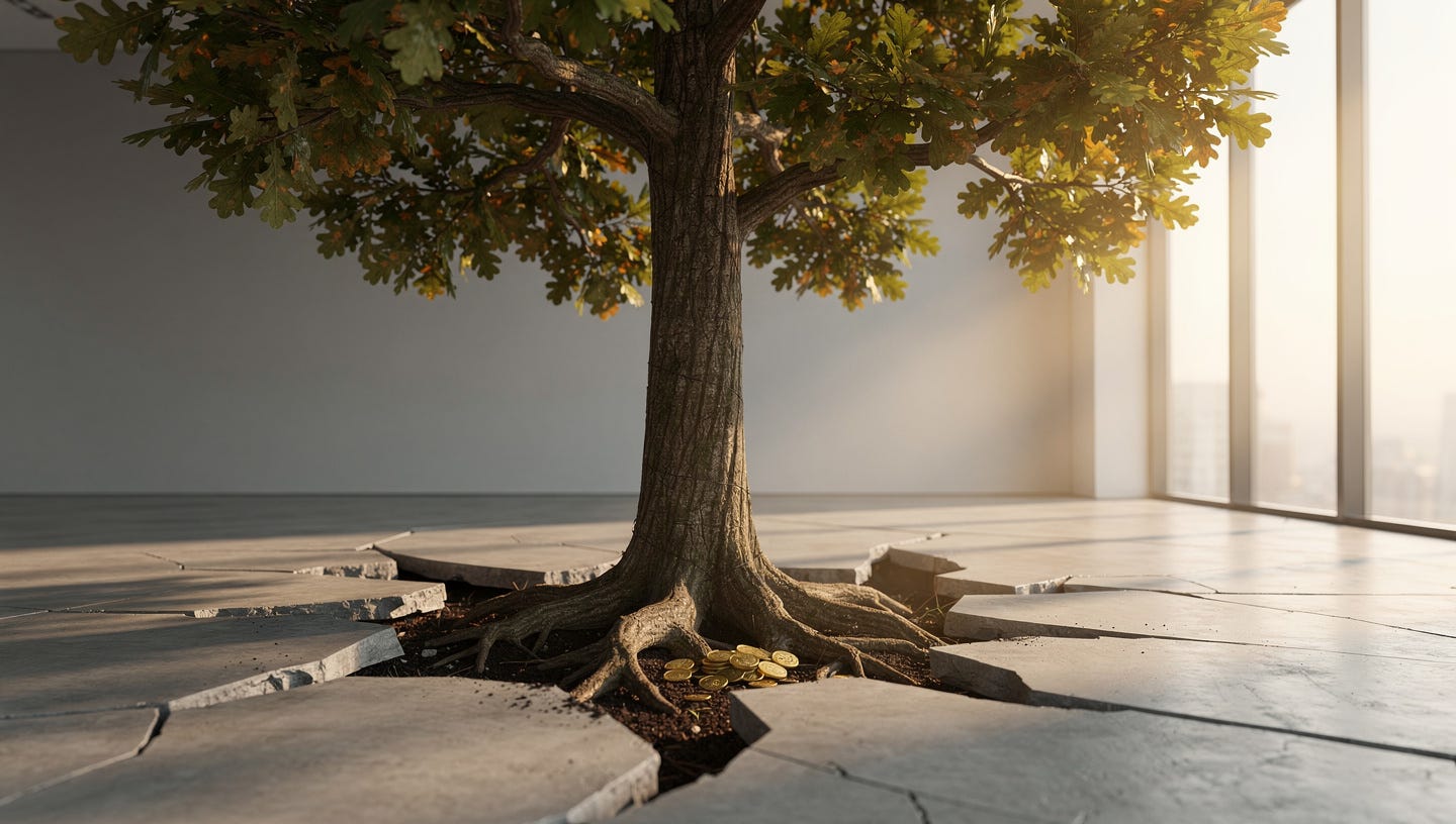 A photorealistic editorial photograph illustrating long-term investment growth. A single oak tree growing from a cracked concrete floor of a minimalist financial office, its roots visibly breaking through the ground and its branches reaching upward toward a large window with soft golden afternoon light. At the base of the tree, a few small golden coins are partially buried in the soil around the roots. The atmosphere is calm, patient, and hopeful. No people, no screens, no text. Muted color palette: warm greens, deep earth tones, soft gold, and cool concrete gray. Cinematic depth of field, 50mm lens, ultra-realistic, 8K. A photorealistic editorial photograph illustrating long-term investment growth. A single oak tree growing from a cracked concrete floor of a minimalist financial office, its roots visibly breaking through the ground and its branches reaching upward toward a large window with soft golden afternoon light. At the base of the tree, a few small golden coins are partially buried in the soil around the roots. The atmosphere is calm, patient, and hopeful. No people, no screens, no text. Muted color palette: warm greens, deep earth tones, soft gold, and cool concrete gray. Cinematic depth of field, 50mm lens, ultra-realistic, 8K.
