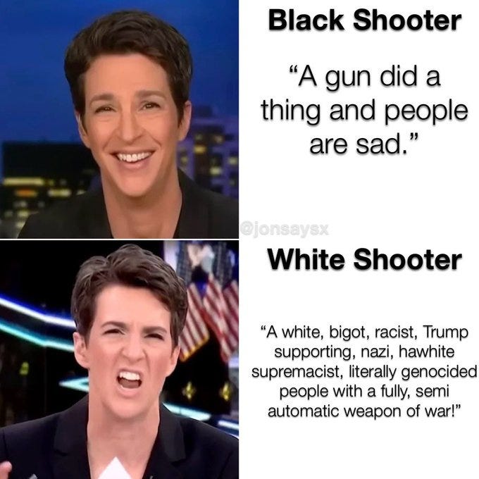 Two images of Rachel Maddow on a television set. The top image shows her smiling with a cityscape background. The bottom image shows her speaking passionately with an American flag in the background. Text overlays read "Black Shooter" and "White Shooter" with accompanying descriptions. Two images of Rachel Maddow on a television set. The top image shows her smiling with a cityscape background. The bottom image shows her speaking passionately with an American flag in the background. Text overlays read "Black Shooter" and "White Shooter" with accompanying descriptions.