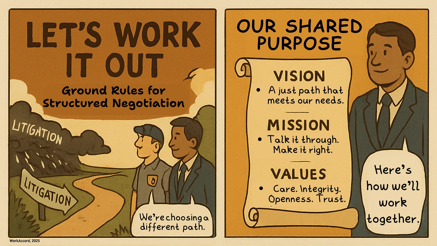 A two-panel comic in a warm, vintage color palette titled “Let’s Work It Out: Ground Rules for Structured Negotiation.” Left Panel: Two people—a worker in a cap and uniform and a suited professional—stand at a fork in the road. One direction leads into dark storm clouds marked "LITIGATION." The other path leads into clear skies and green hills. A sign at the fork points left to “LITIGATION,” but the two people are walking right. The suited man says: “We’re choosing a different path.” Right Panel: The header reads “Our Shared Purpose.” A scroll lists three bolded sections: •	VISION: “A just path that meets our needs.” •	MISSION: “Talk it through. Make it right.” •	VALUES: “Care. Integrity. Openness. Trust.” Next to the scroll, a smiling person in a suit says: “Here’s how we’ll work together.” In the bottom left corner is a small attribution: “WorkAccord, 2025.”
