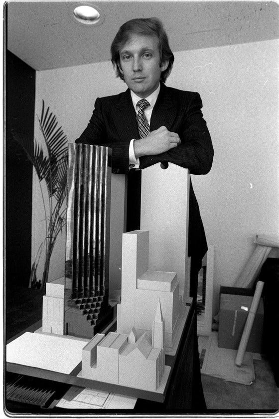 Donald Trump in 1980, with a model of Trump Tower, shortly before acquiring 100 Central Park South. Donald Trump in 1980, with a model of Trump Tower, shortly before acquiring 100 Central Park South.