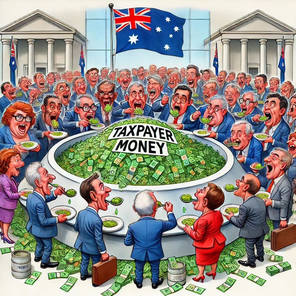 A satirical illustration depicting Australian politicians gathered around a large feeding trough labeled 'Taxpayer Money'. They are shown eagerly scooping from the trough with oversized spoons and plates, with exaggerated expressions of greed and satisfaction. The scene has a humorous, caricatured style, and the politicians are dressed in business attire with some holding briefcases and papers. The background is a generic government office setting with a flag of Australia subtly placed in the scene. Include some stacks of cash spilling over the trough to emphasize the concept.