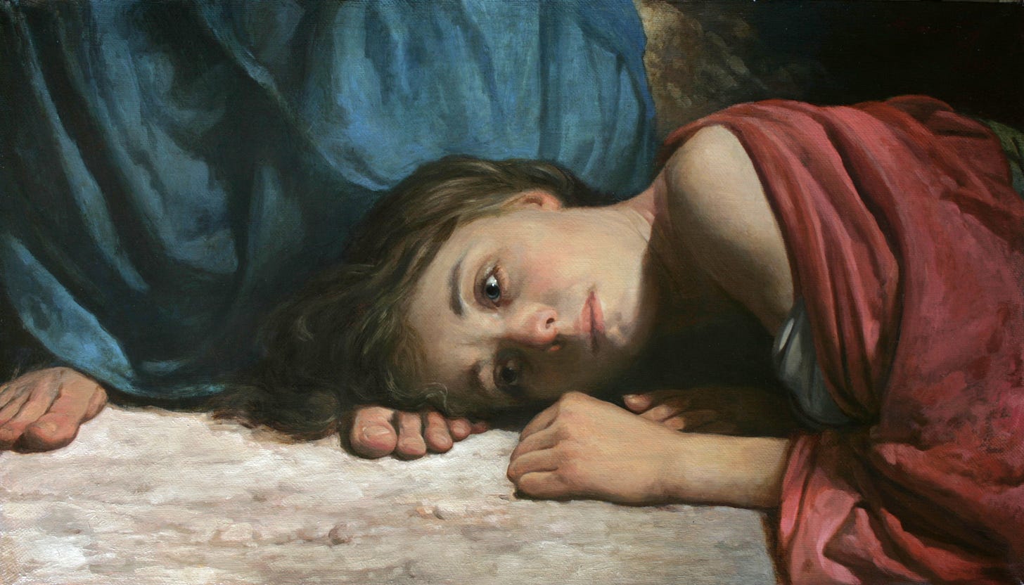 Woman resting her head on the left foot of Jesus. Woman resting her head on the left foot of Jesus.