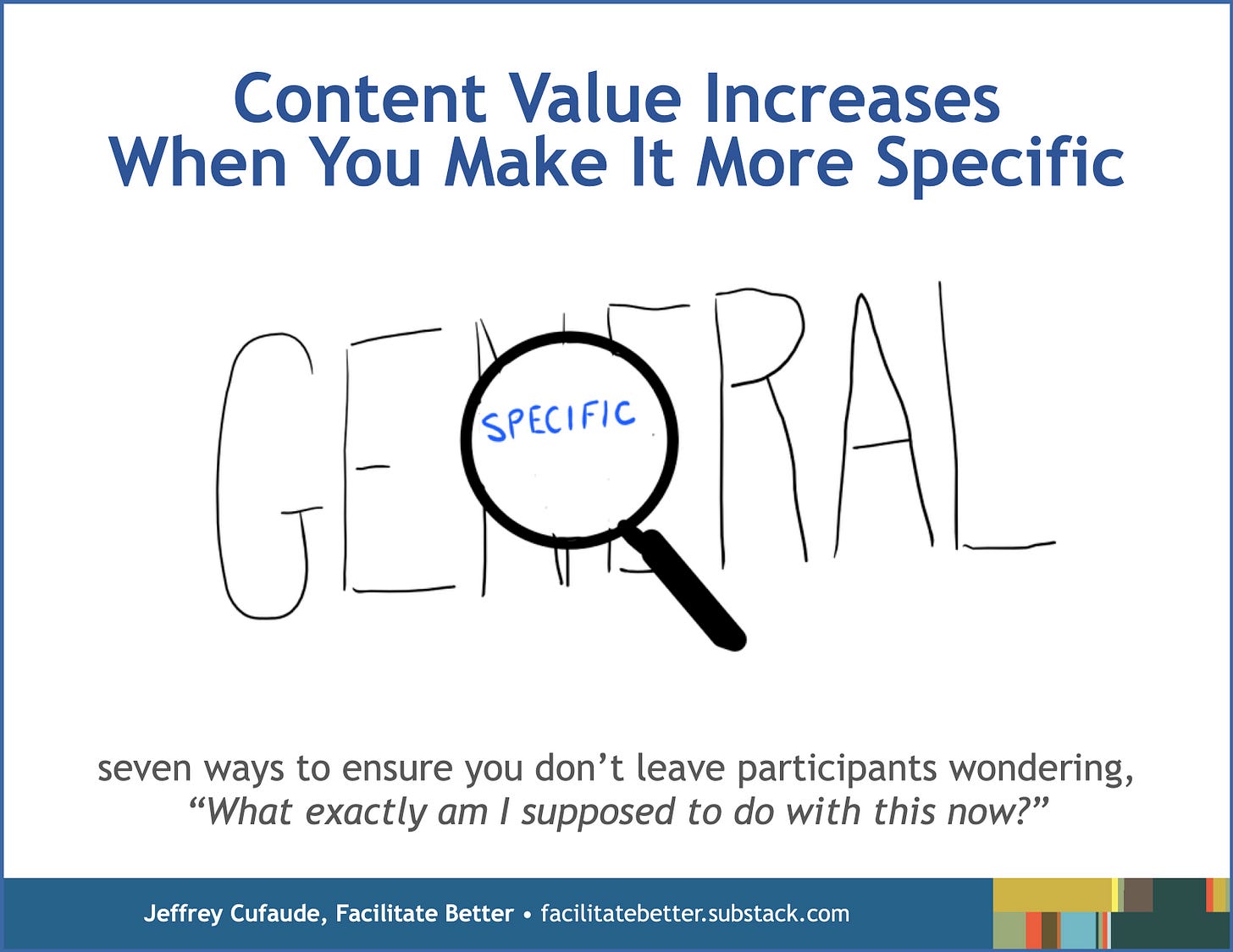 a magnifying glass displays the word “specific” in small text while hovering above the word “general” in large text