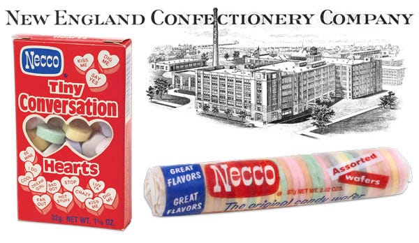 Box of Necco Tiny Conversation Hearts, a vintage roll of Assorted Necco Wafers, and a line drawing fo the Necco factory in Cambridge, Mass.