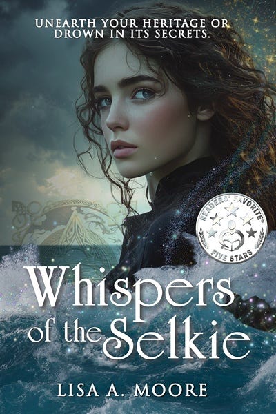 Book Cover of Whispers of the Selkie with a girl with brown hair  overlooking waves of blue water and the title in white font at the bottom