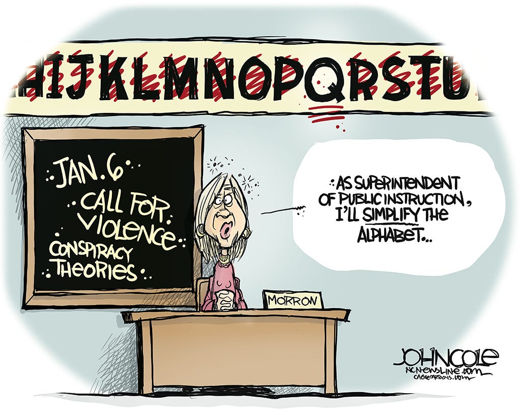 a cartoon highlights Michel Morrow's embrace of extremism and conspiracy theories