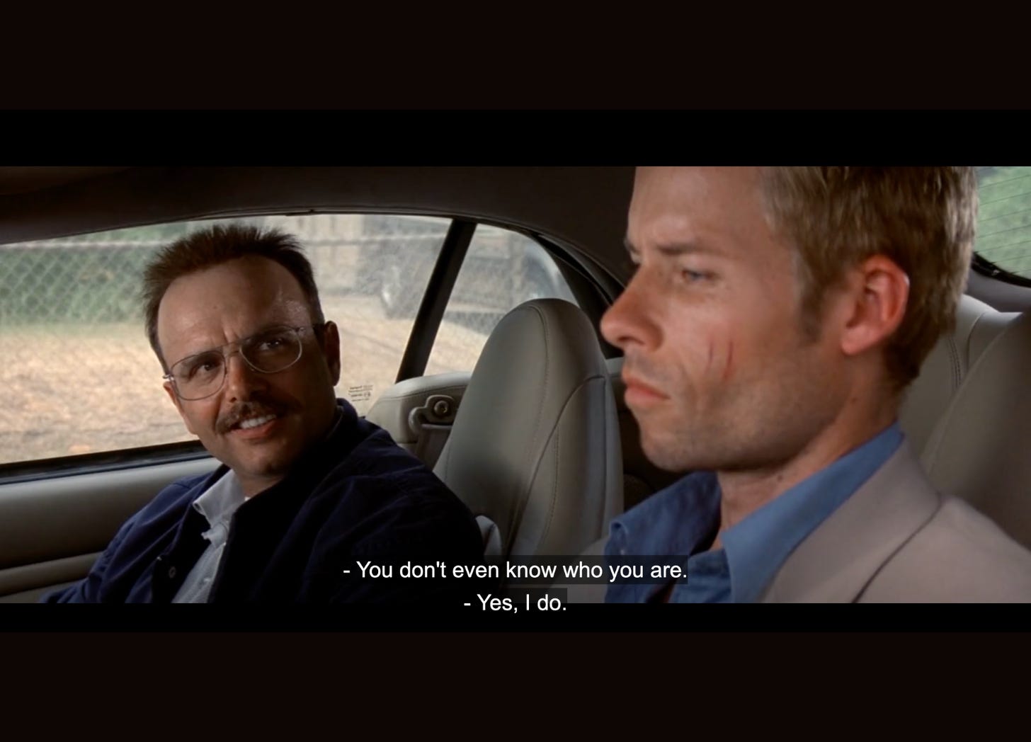 Scene from Memento where Teddy says: "You don't even know who you are." And Leonard answers, "Yes, I do."