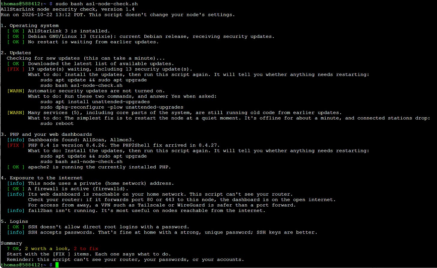 Terminal output of the AllStarLink node security check, version 1.4, on a Raspberry Pi node. It flags two items to fix: 19 updates waiting, including 13 security updates, and PHP 8.4.26, one release short of the PHP2Shell fix in 8.4.27. It also warns that automatic security updates are off and that several services are running old code, and it gives the exact command to fix each item. The summary reads 7 OK, 2 worth a look, 2 to fix. Terminal output of the AllStarLink node security check, version 1.4, on a Raspberry Pi node. It flags two items to fix: 19 updates waiting, including 13 security updates, and PHP 8.4.26, one release short of the PHP2Shell fix in 8.4.27. It also warns that automatic security updates are off and that several services are running old code, and it gives the exact command to fix each item. The summary reads 7 OK, 2 worth a look, 2 to fix.