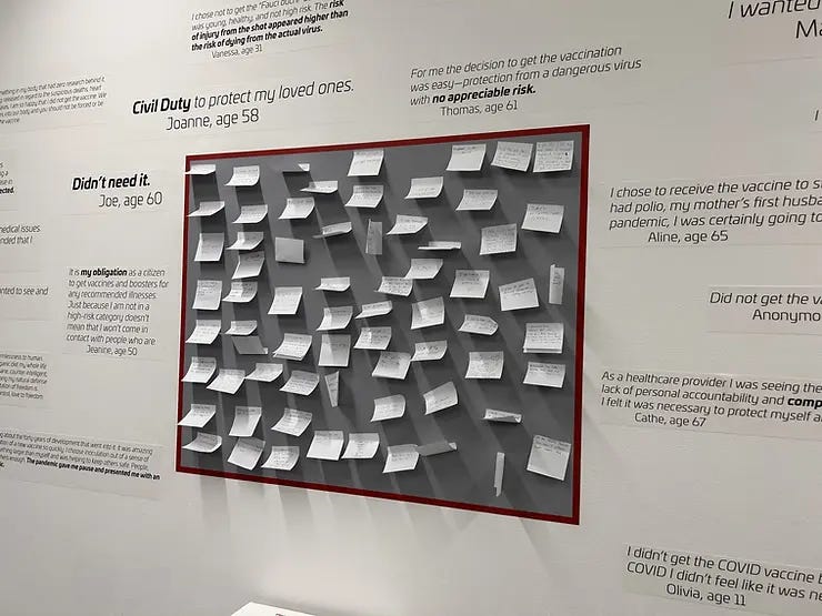 The responses posted by viewers of the exhibition. All opinions on the COVID-19 Vaccine.