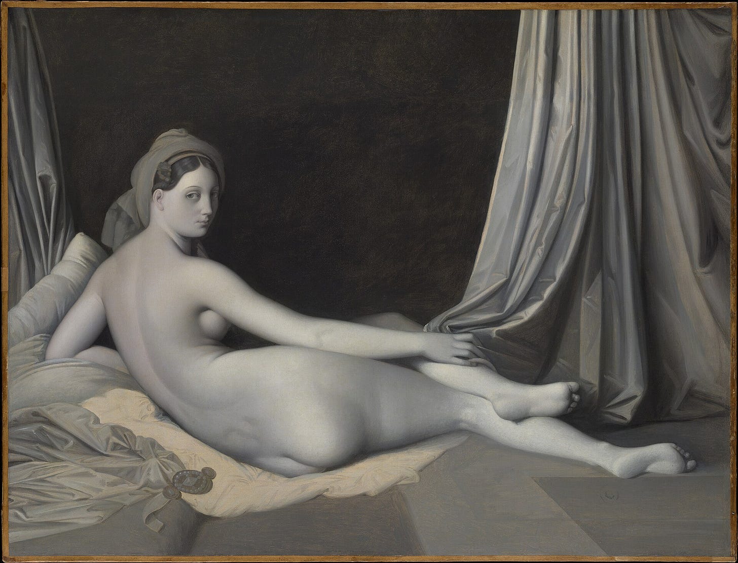 Odalisque in Grisaille by Ingres: a nude seen from behind on a couch, turning her head, painted in shades of gray
