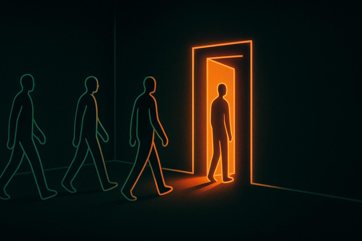 An image of figures walking into a doorway