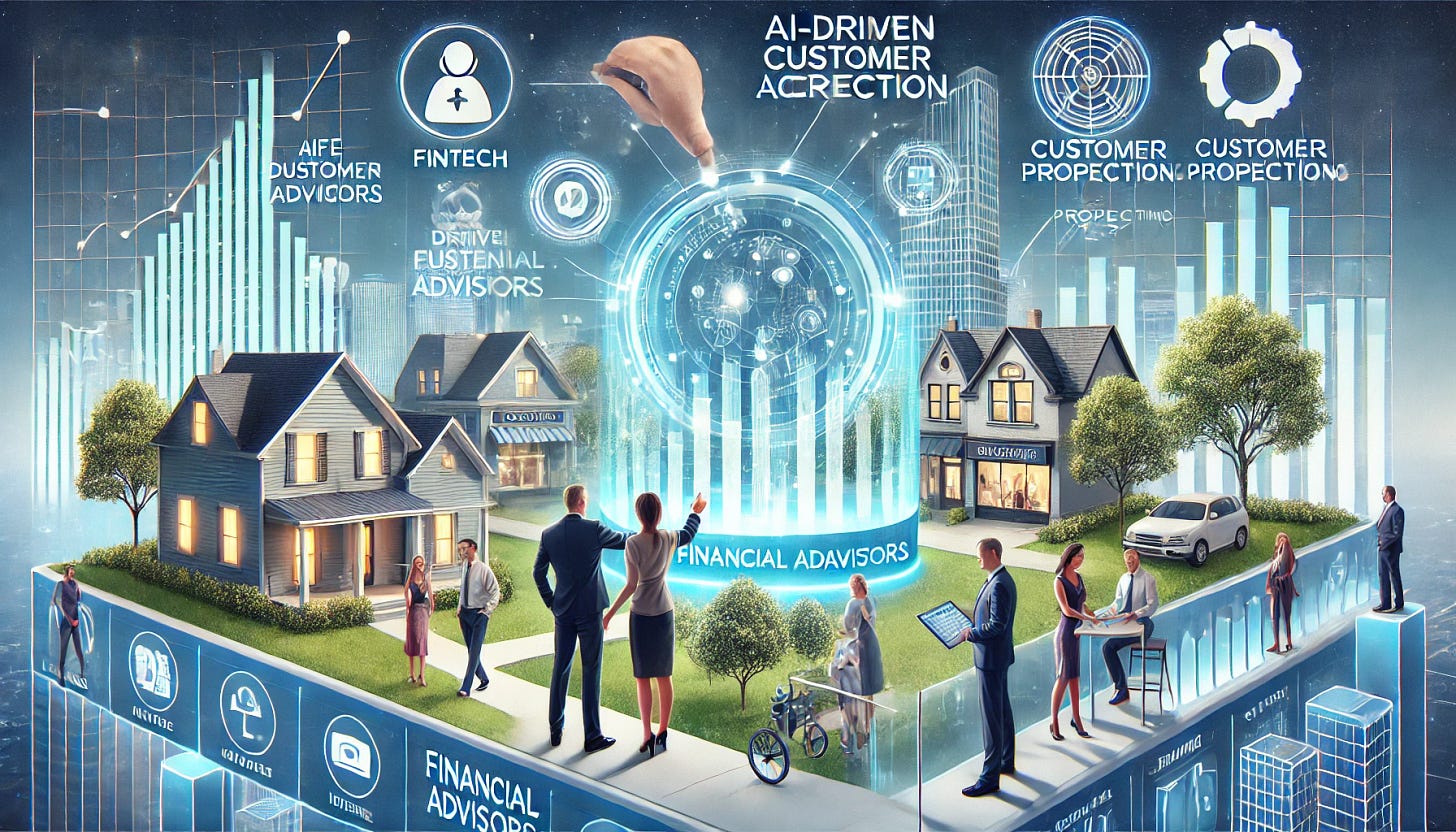 A professional and visually compelling illustration showcasing a fintech platform for financial advisors, focusing on AI-driven customer acquisition and prospecting. The composition includes financial professionals interacting with advanced technology, holographic graphs, and data visualizations. The scene includes houses, happy couples, and storefronts, representing life events like weddings and retirements. The background features an urban skyline and a futuristic environment. Ensure the image is bright, clean, and professional, without text or logos. Format: 1792x1024.