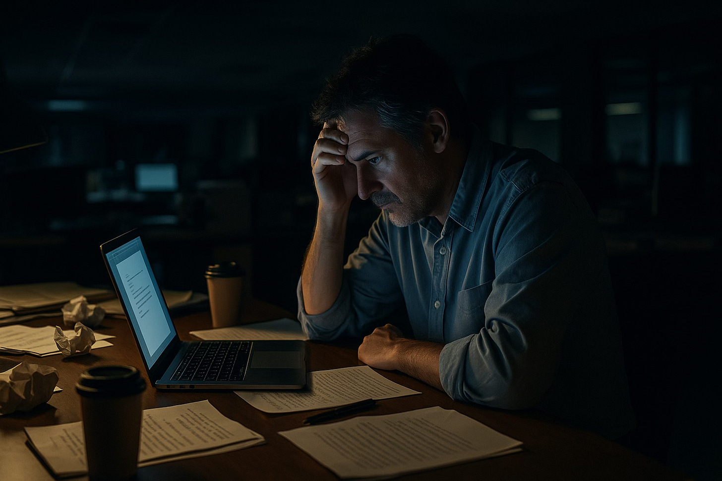 A reporter sits at a cluttered desk late at night, staring at a glowing laptop with notes and coffee cups scattered around. A reporter sits at a cluttered desk late at night, staring at a glowing laptop with notes and coffee cups scattered around.