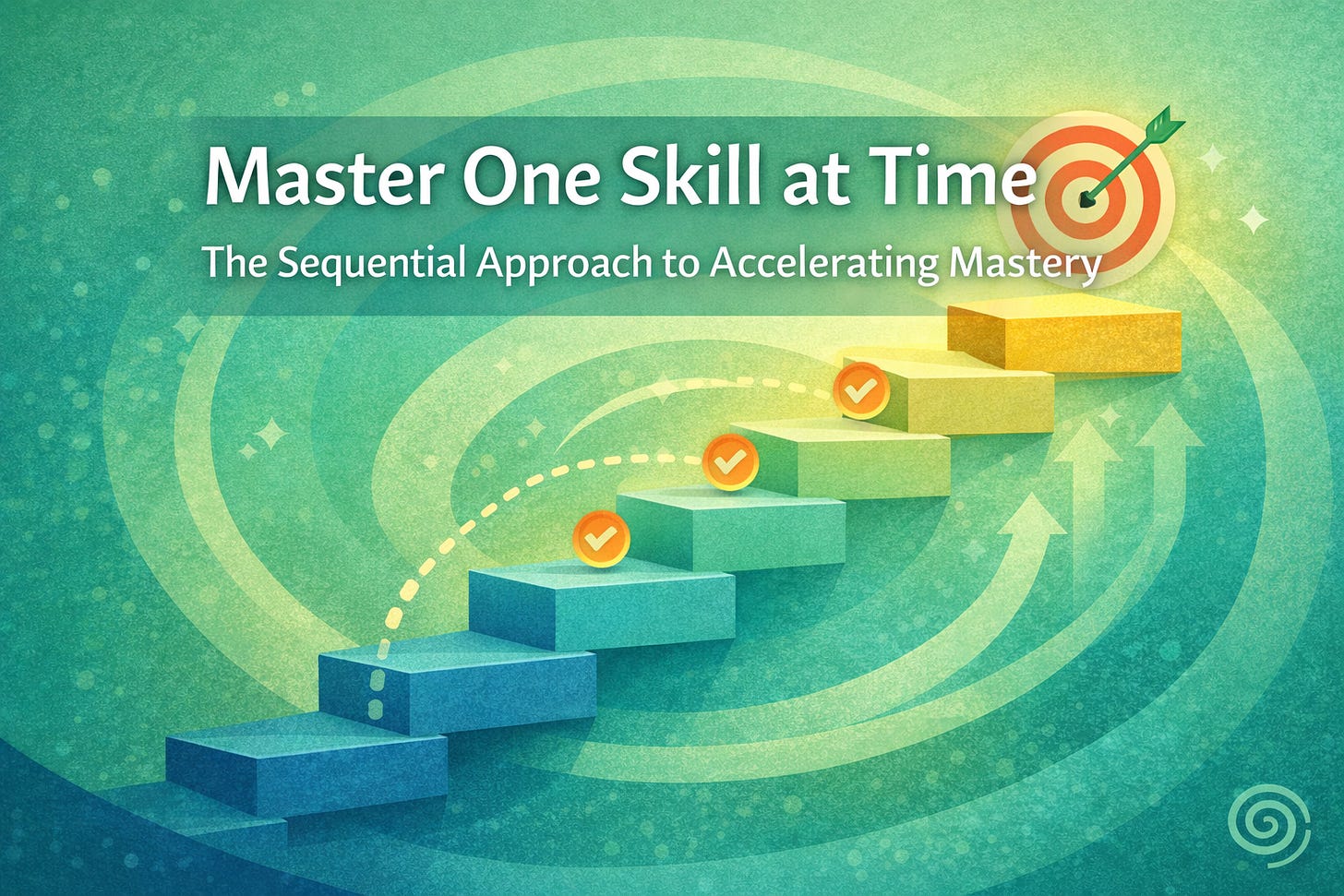 The illustration for the article 'Master One Skill at a Time' represents sequential skill-building and strategic learning in the 'Growthenticity' style, with four ascending steps along a spiral path, checkmarks on the steps and a target with an arrow at the top. The illustration for the article 'Master One Skill at a Time' represents sequential skill-building and strategic learning in the 'Growthenticity' style, with four ascending steps along a spiral path, checkmarks on the steps and a target with an arrow at the top.