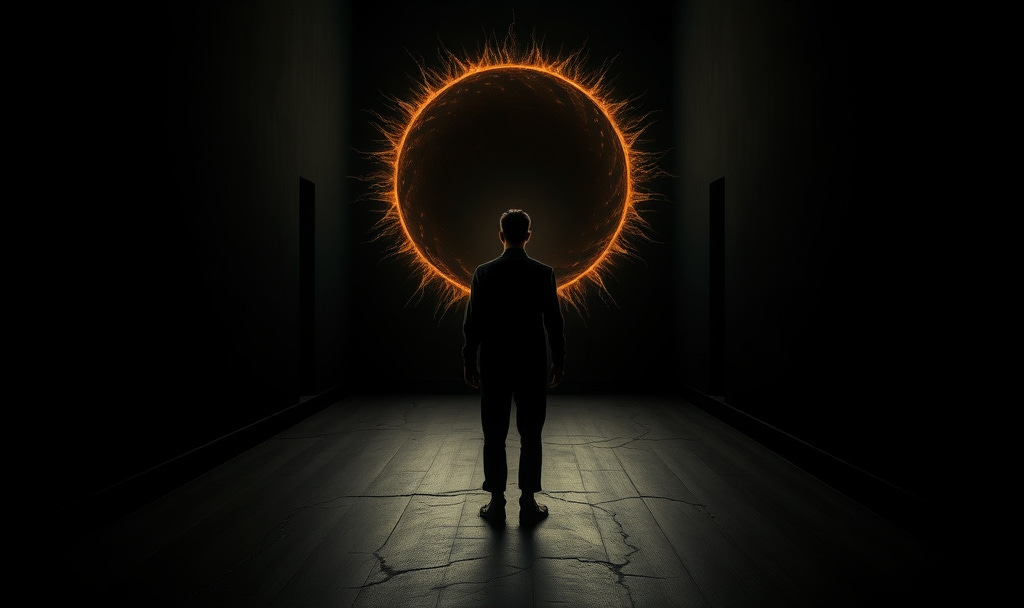 A lone figure is seen from behind, standing in a simple, dark hallway (representing the threshold they've crossed). Their feet are planted firmly on the floor, which is made of a material that looks like dark wood or stone, but it subtly cracks and splinters under their weight, as if they are immensely heavy. Above and behind them, a faint, ghostly outline of a massive sun or a black hole pulls at them with visible tendrils of light or distortion, representing the "old sun" of their identity. The figure itself, however, is calm and solid, a small point of light within them resisting the pull. A lone figure is seen from behind, standing in a simple, dark hallway (representing the threshold they've crossed). Their feet are planted firmly on the floor, which is made of a material that looks like dark wood or stone, but it subtly cracks and splinters under their weight, as if they are immensely heavy. Above and behind them, a faint, ghostly outline of a massive sun or a black hole pulls at them with visible tendrils of light or distortion, representing the "old sun" of their identity. The figure itself, however, is calm and solid, a small point of light within them resisting the pull.