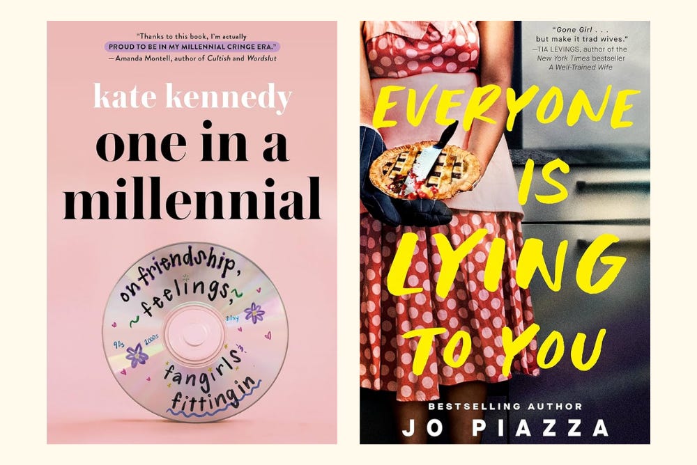 Fall book recommendations - Book covers of One in a Millennial by Kate Kennedy and Everyone Is Lying to You by Jo Piazza