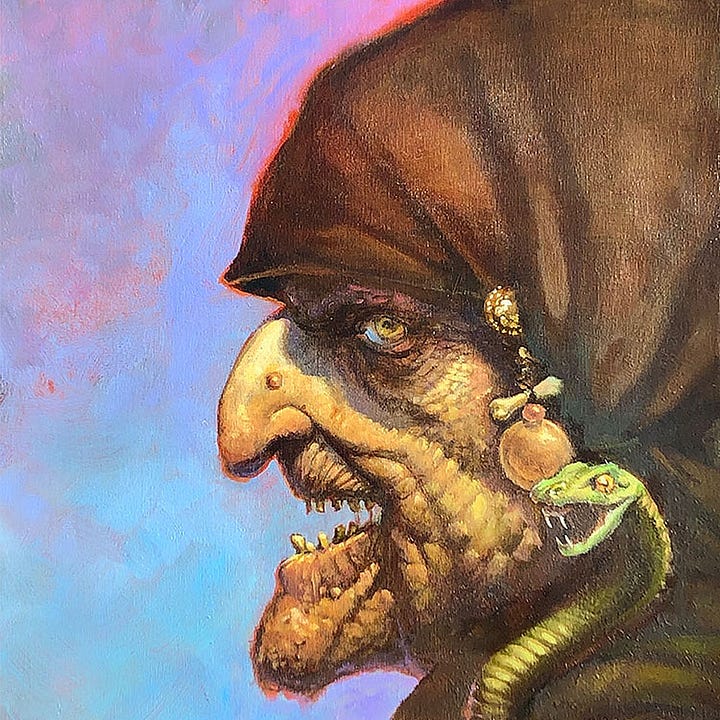 LEFT: Photograph of a plastic glove wadded up on the red-tiled bathroom counter. The shape resembles the face of the witch. A lighting cable crosses over and winds around from where it’s plugged in above.  RIGHT: Detail from RHEA THE WITCH featuring her aged, wrinkled face in profile. Shadows from her hood fall over her eyes and across her cheek. Her mouth is open to expose thin, uneven teeth, rotting to well-spaced stubs.