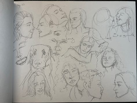 Images with overlapping rough sketch drawings of faces, people, hands, and dog