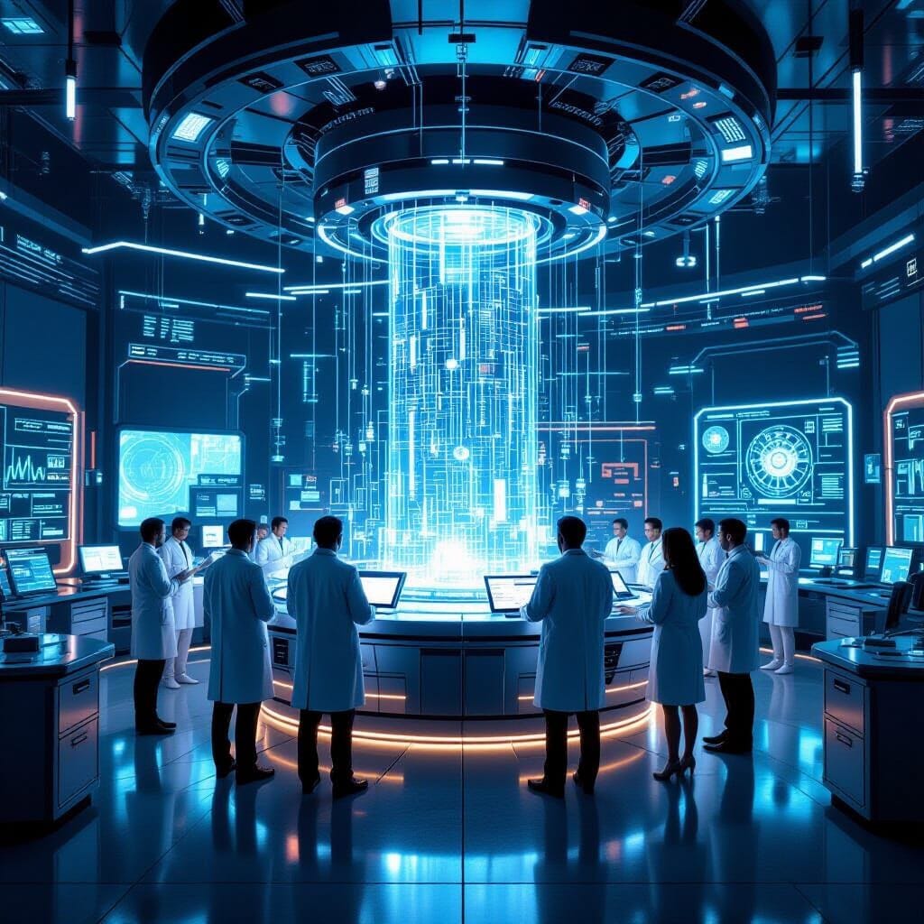 The futuristic AI-based research lab, with scientists workingon a massive supercomputer that dominates the entire pictur...