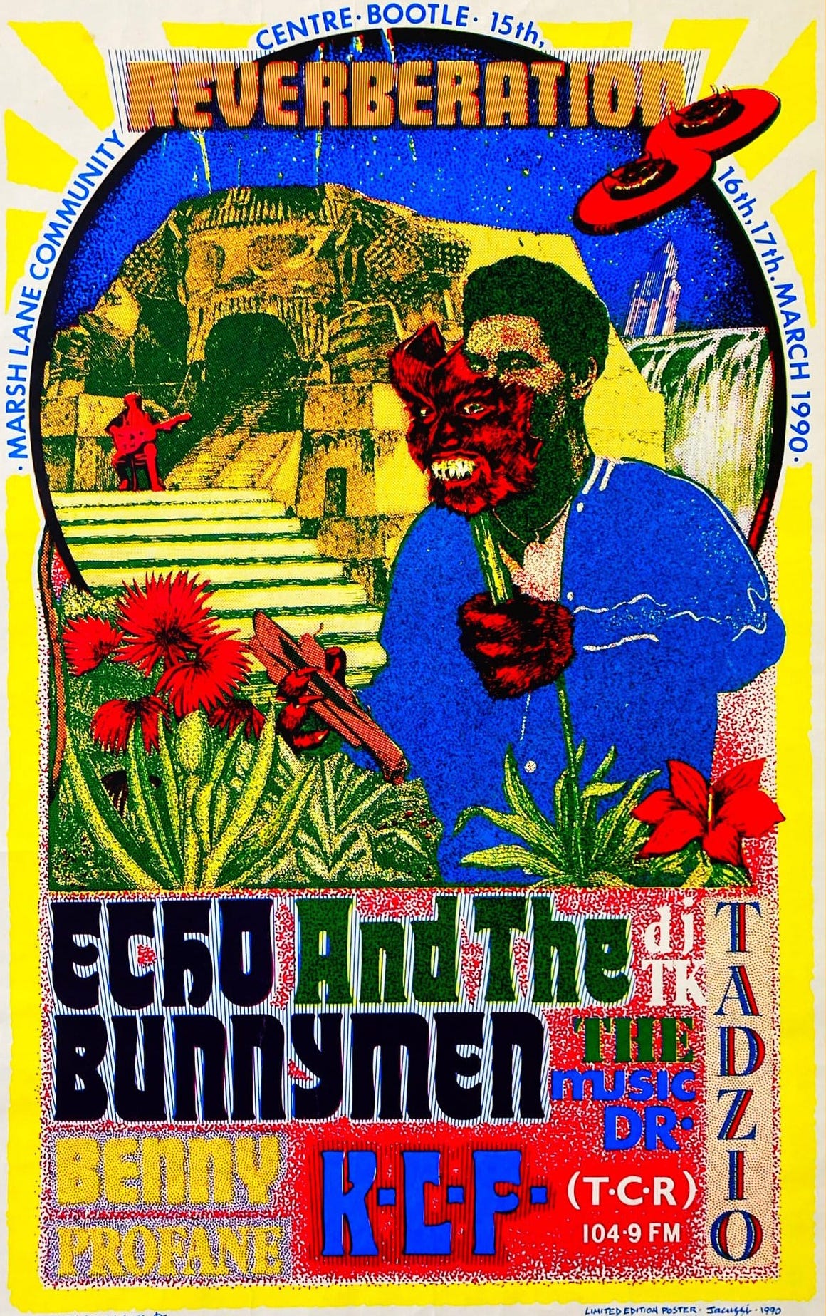 Colourful poster for the gig, a weird collage in red, blue and yellow.