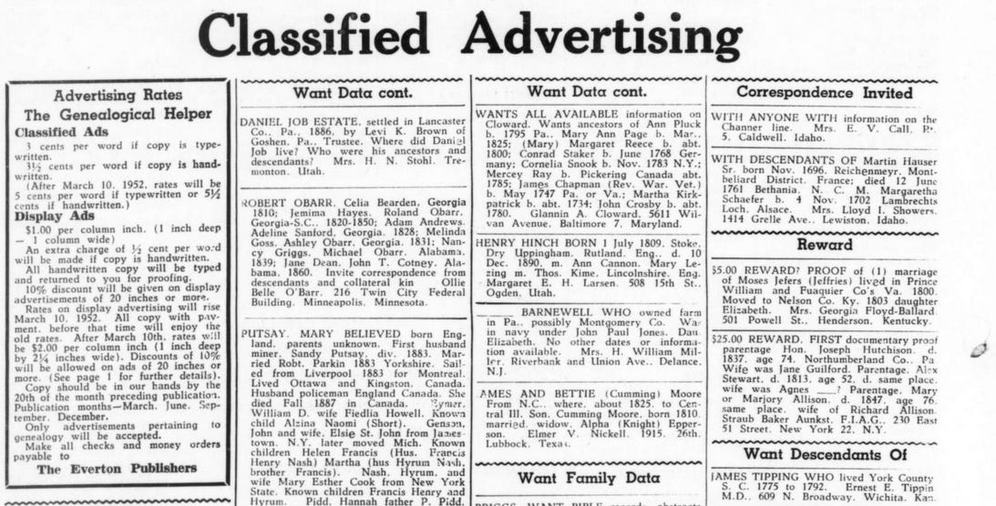 Advertisements from the Genealogical Helper--this is how researchers connected with each other before the internet. Advertisements from the Genealogical Helper--this is how researchers connected with each other before the internet.