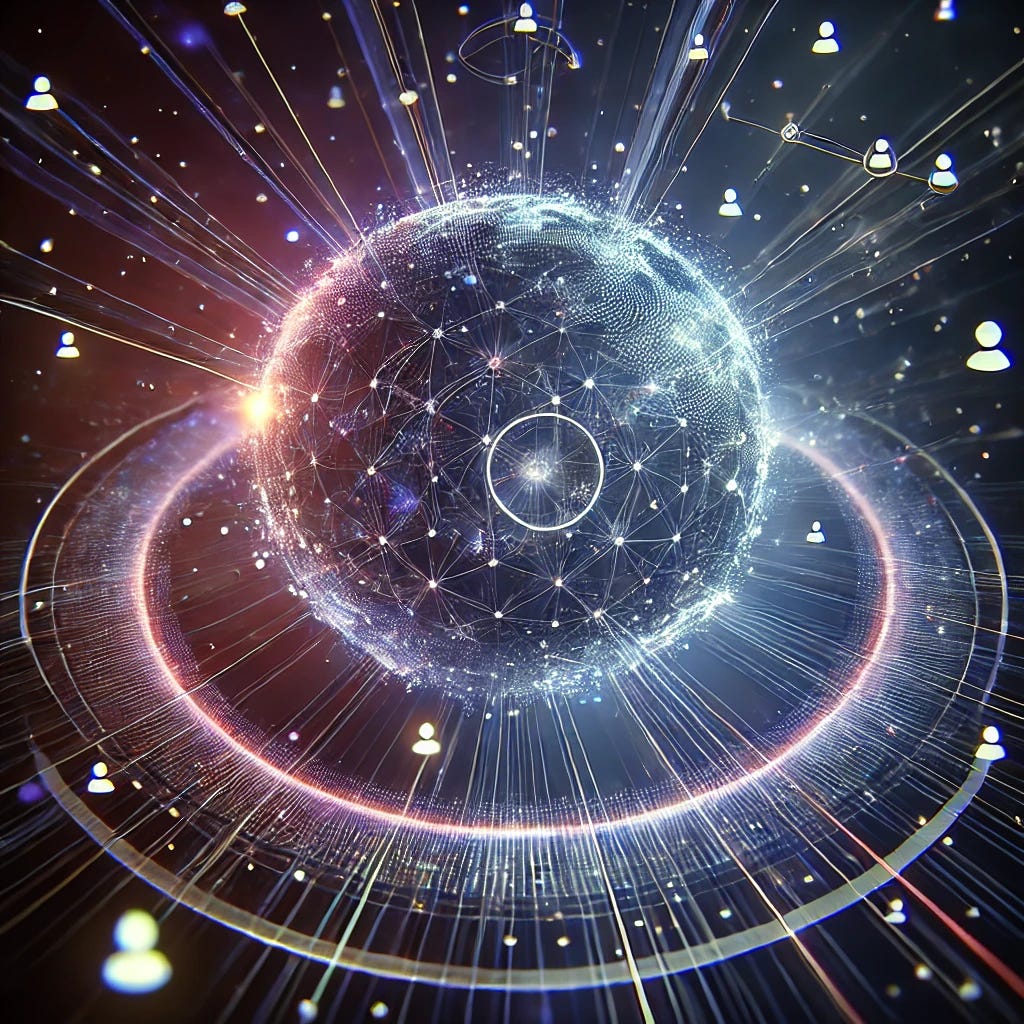 An abstract representation of a professional network transforming into a 3D orbit. Visualize interconnected nodes symbolizing professional connections, orbiting around a central glowing sphere. Incorporate lines and pathways linking these nodes, creating an intricate network that resembles an orbit in a digital space. Use a futuristic color palette of blues, purples, and subtle neon accents to emphasize the idea of technology and innovation. The background should be dark with hints of stars and cosmic elements, adding a sense of depth and immersion.