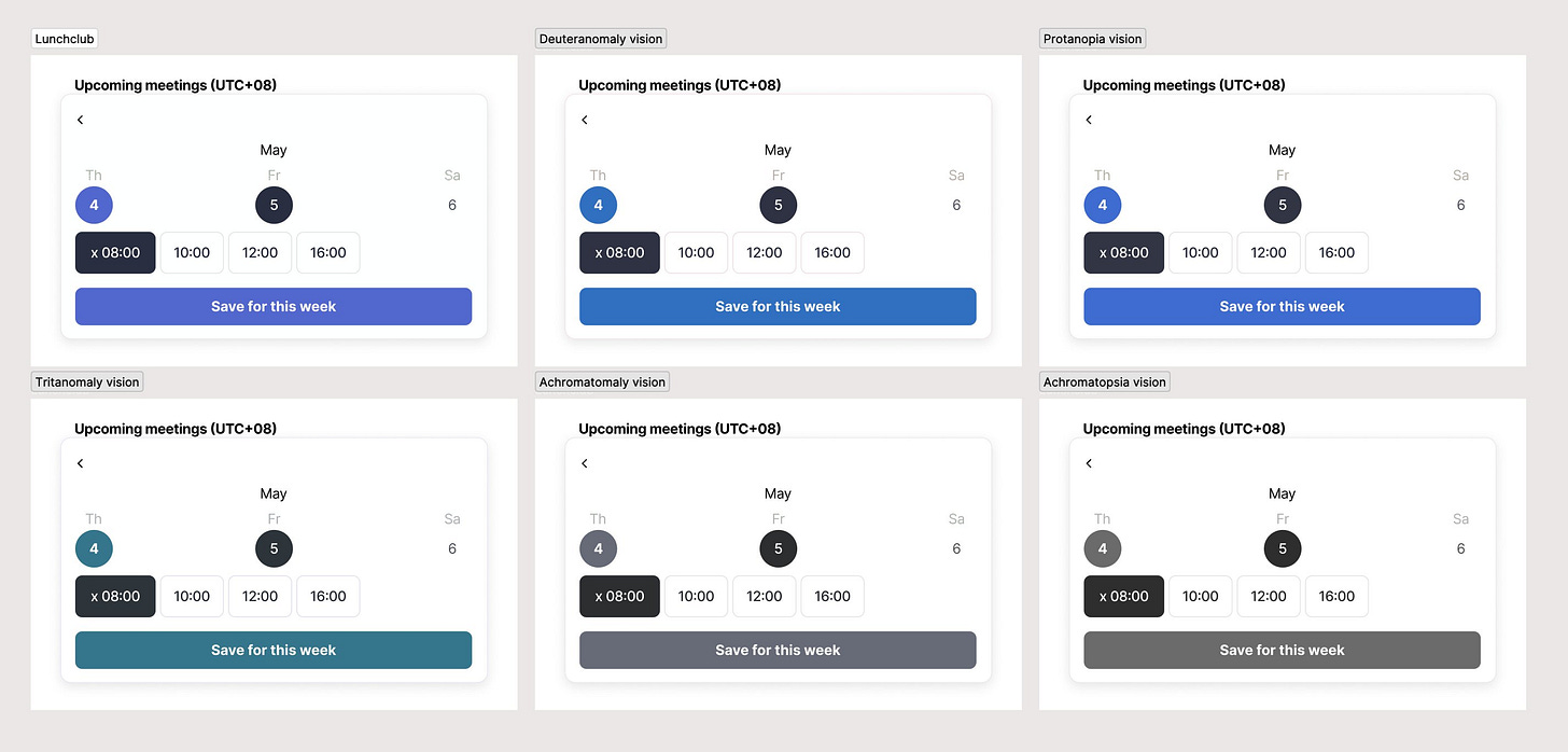 Lunchclub calendar rendered in 6 views: Normal, Deuteranomaly, Protanopia, Tritanomaly, Achromatomaly, Achromatopsia