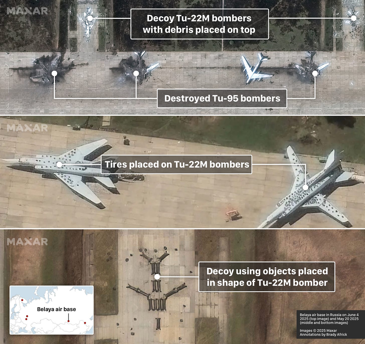 Belaya air base in Russia on June 4 2025 (top image) and May 20 2025 (middle and bottom images). Images © 2025 Maxar. Annotations by Brady Africk.
