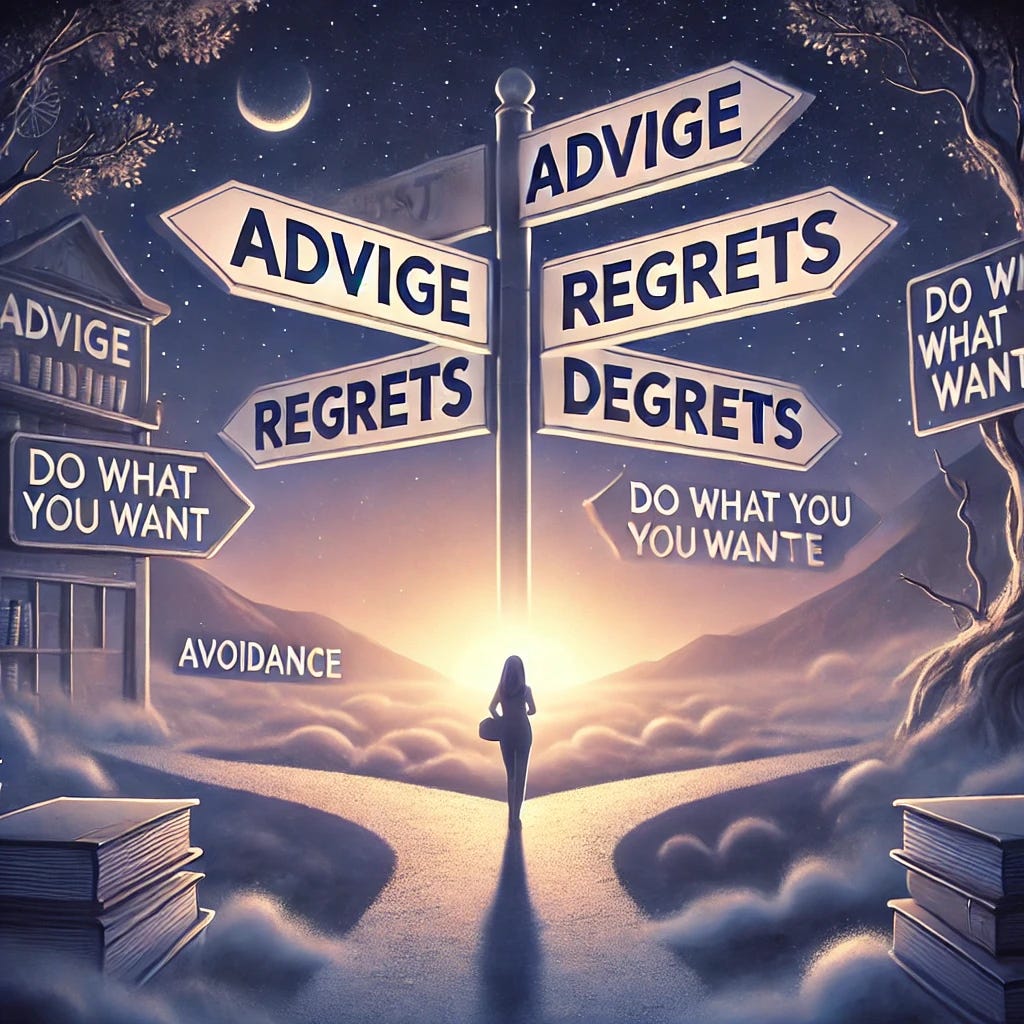Design an imaginative cover image for a blog post titled 'Best Advice I Heard for People in Their 20s', incorporating themes directly from the blog. The image should feature a metaphorical crossroads, with signs pointing in different directions labeled with options like 'Advice', 'Regrets', 'Do What You Want', and 'Avoidance'. Each path should be distinctly designed to represent its theme: 'Advice' strewn with books, 'Regrets' dark and winding, 'Do What You Want' bright and inviting, 'Avoidance' obscure and misty. The setting should be ethereal and dream-like, with a twilight sky, adding a sense of decision and mystery.