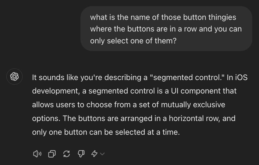 A conversation with ChatGPT asking what is a segmented control