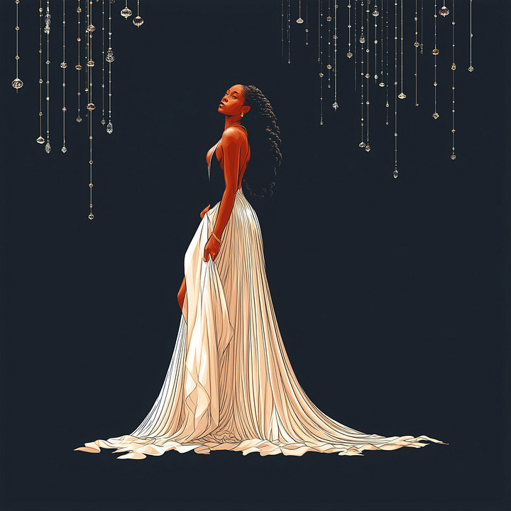 A Black woman stands in profile in a sunlit room, wearing a flowing cream and navy silk gown. Warm light reflects through hanging glass ornaments and crystals, casting soft patterns across the walls as the fabric of her dress gently trails behind her.